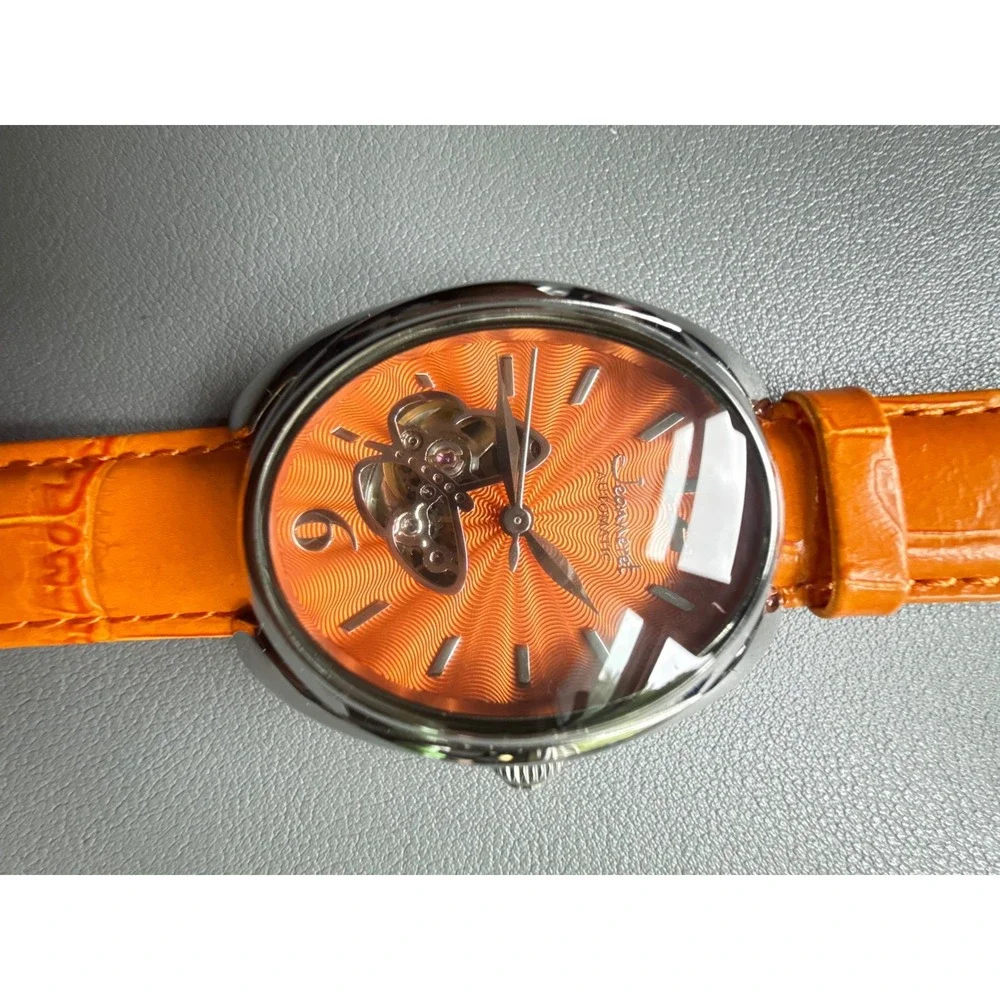 Jeanneret Women Orange Skeleton Automatic Watch Stainless Steel Leather J-64283